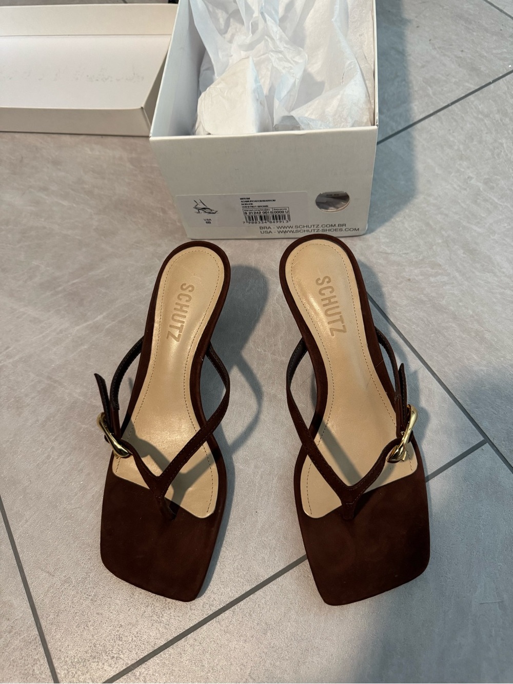 NEW IN BOX- SCHUTZ Brown Suede Square-Toe Gold Buckle Kitten Heel Sandals